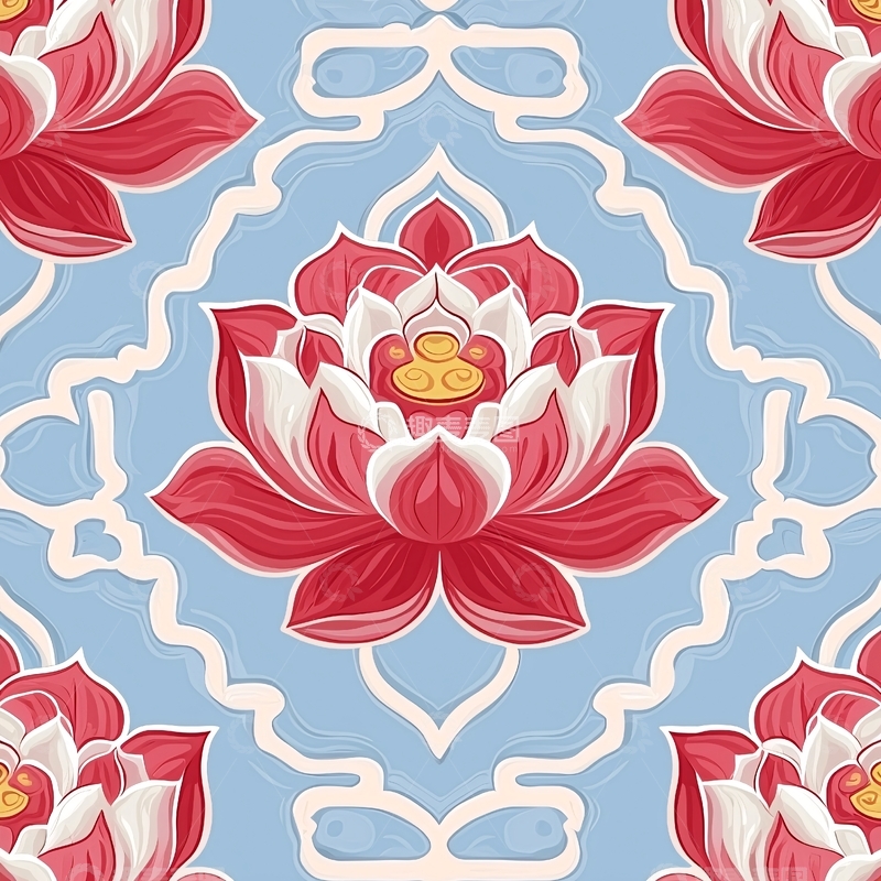 高清大图下载【趣麦麦图】红色莲花在蓝色瓷砖上