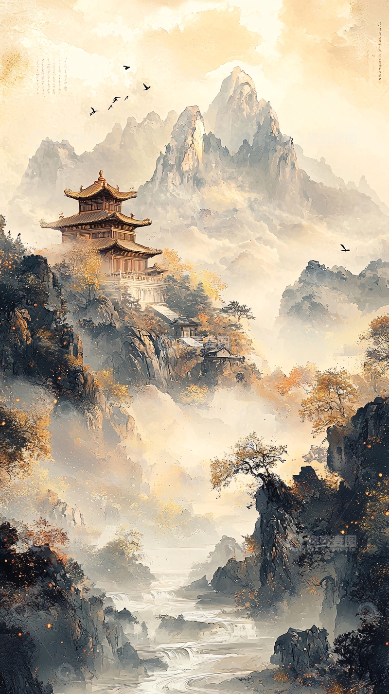 高清大图下载【趣麦麦图】山间云雾缭绕的古建筑