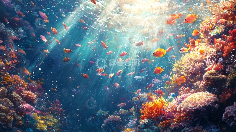 高清大图下载【趣麦麦图】阳光透过海水照射珊瑚礁