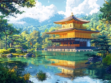 金阁寺湖边风景画