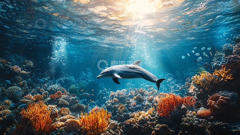 高清大图下载【趣麦麦图】海豚在珊瑚礁中畅游
