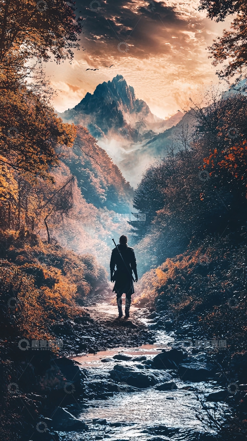 高清大图下载【趣麦麦图】山水间独自行走