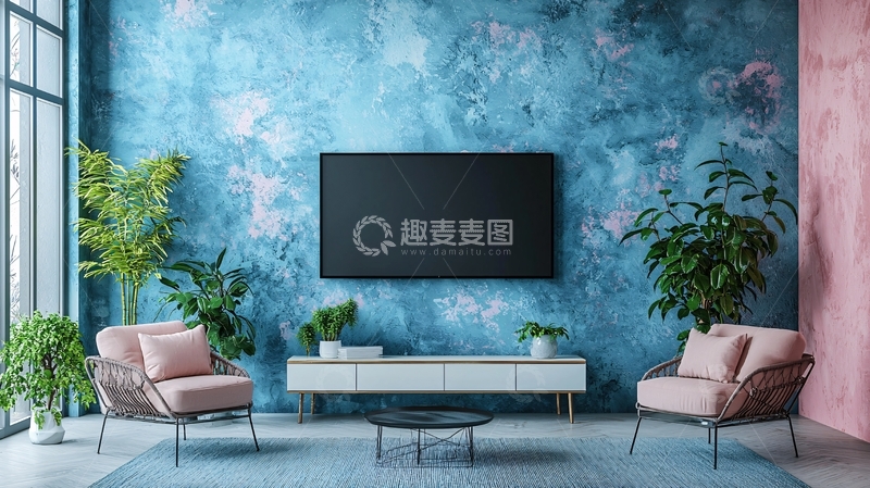 高清大图下载【趣麦麦图】蓝绿色墙面客厅电视背景墙
