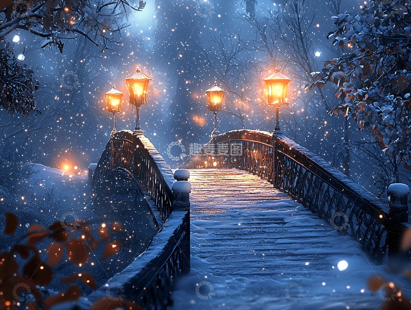 高清大图下载【趣麦麦图】冬夜雪桥