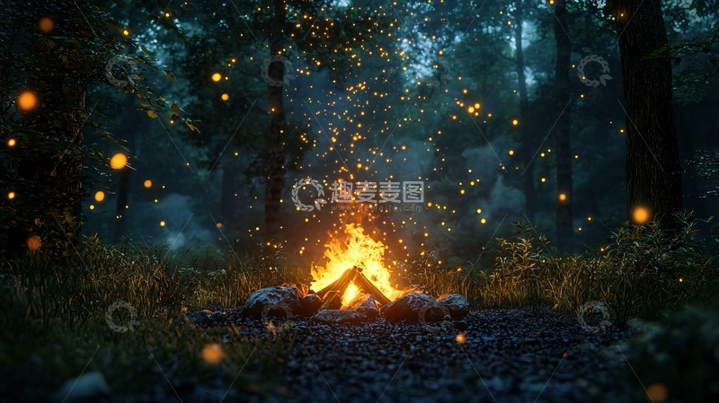 高清大图下载【趣麦麦图】萤火虫森林篝火