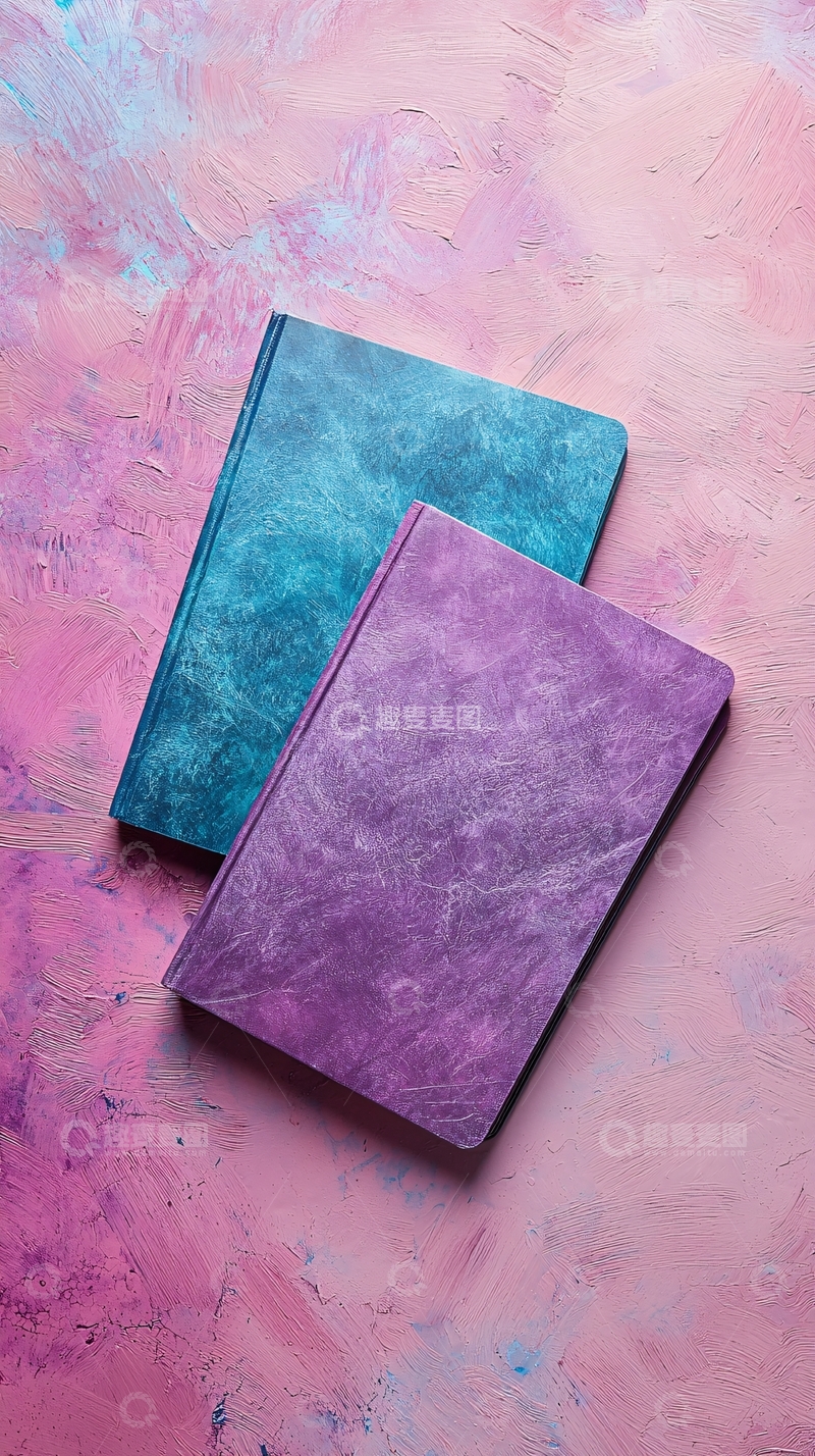 高清大图下载【趣麦麦图】粉色背景上的紫色和蓝色笔记本