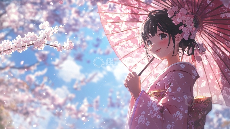 高清大图下载【趣麦麦图】樱花季和服少女