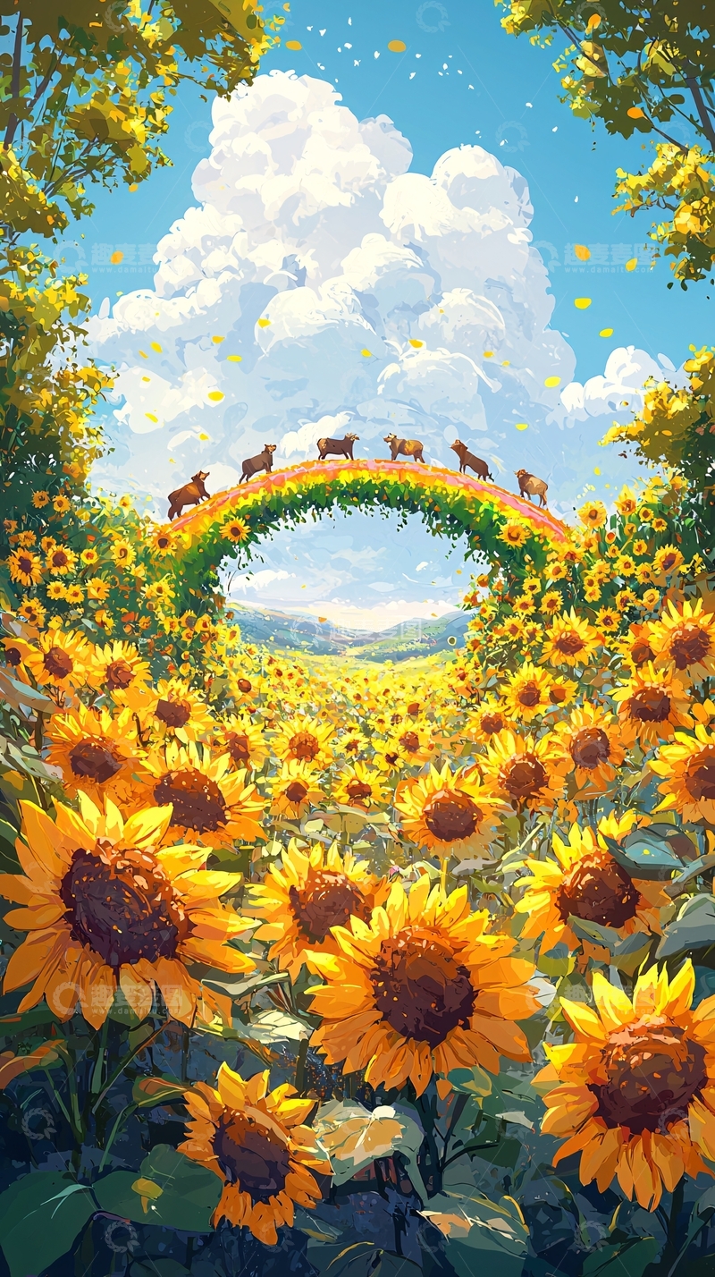高清大图下载【趣麦麦图】向日葵花田彩虹桥