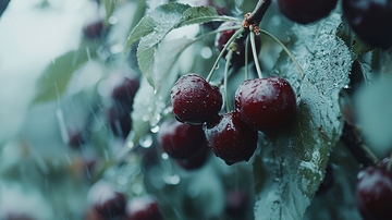 雨后红樱桃树枝特写