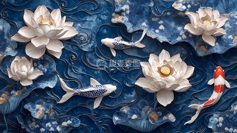 高清大图下载【趣麦麦图】蓝底白莲鲤鱼图