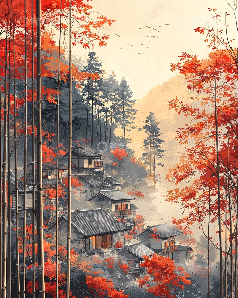 高清大图下载【趣麦麦图】秋日红叶山村景色
