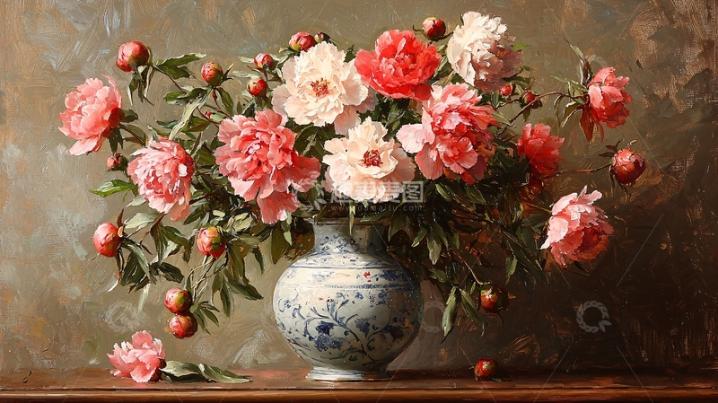 高清大图下载【趣麦麦图】精美牡丹花瓶静物油画