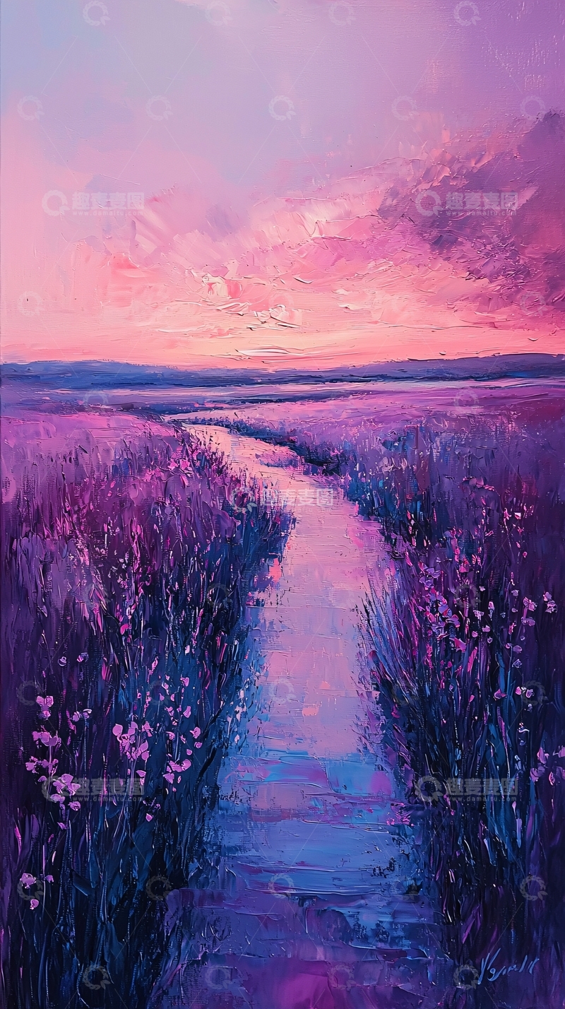 高清大图下载【趣麦麦图】紫色薰衣草田野小溪日落