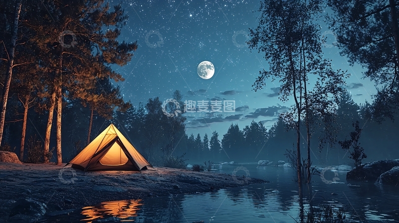 高清大图下载【趣麦麦图】月光下的森林露营