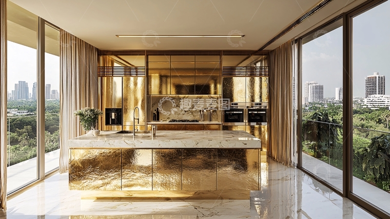 高清大图下载【趣麦麦图】金色大理石岛台厨房
