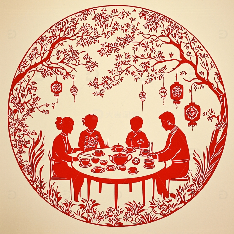 高清大图下载【趣麦麦图】圆形剪纸全家福
