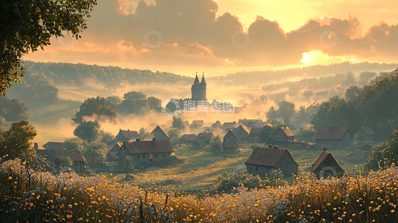 高清大图下载【趣麦麦图】清晨薄雾山谷小镇