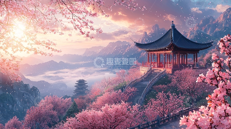 高清大图下载【趣麦麦图】唯美樱花山景亭台