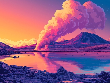 日落火山湖泊风景