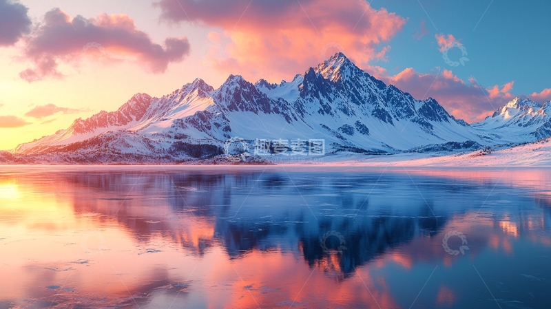 高清大图下载【趣麦麦图】雪山日出湖面倒影