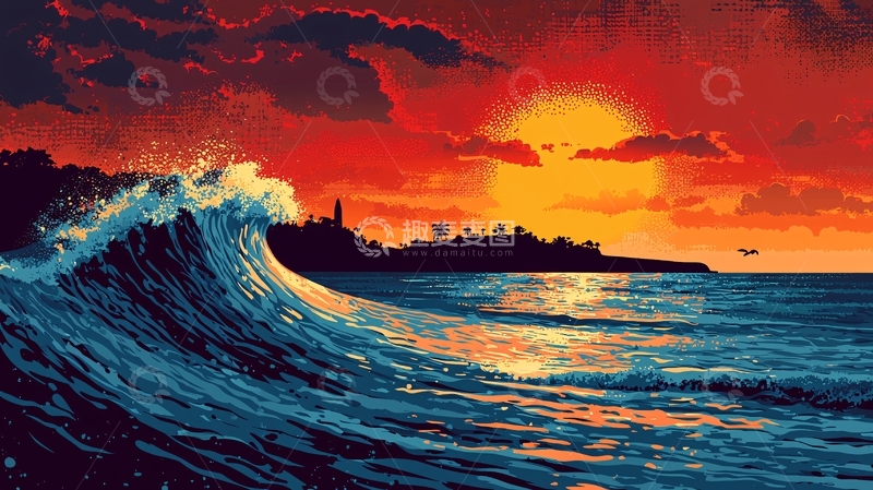 高清大图下载【趣麦麦图】夕阳西下海浪滔天