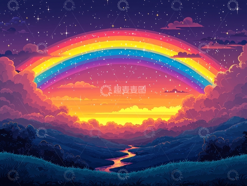 高清大图下载【趣麦麦图】彩虹星空下的梦幻山谷