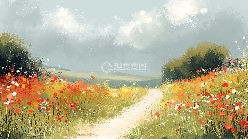 高清大图下载【趣麦麦图】田园小路鲜花盛开