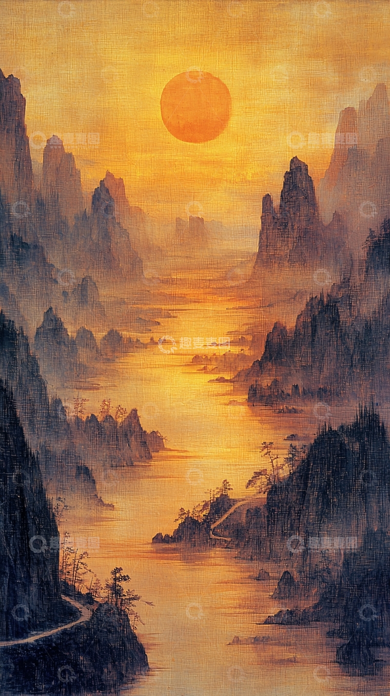 高清大图下载【趣麦麦图】山水夕阳水墨画意境