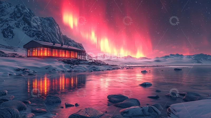 高清大图下载【趣麦麦图】极光下的雪山小屋