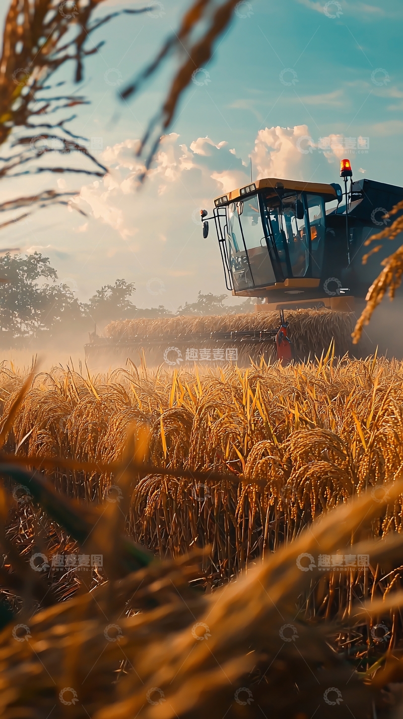 高清大图下载【趣麦麦图】金色麦田里收割机