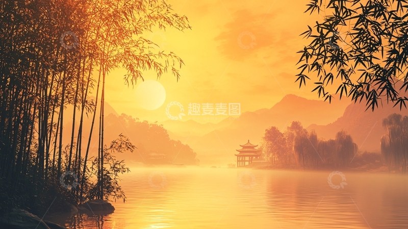 高清大图下载【趣麦麦图】金黄湖面上的山水画