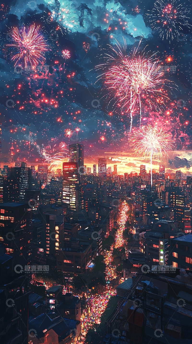 高清大图下载【趣麦麦图】夜空绽放绚丽烟花城市夜景