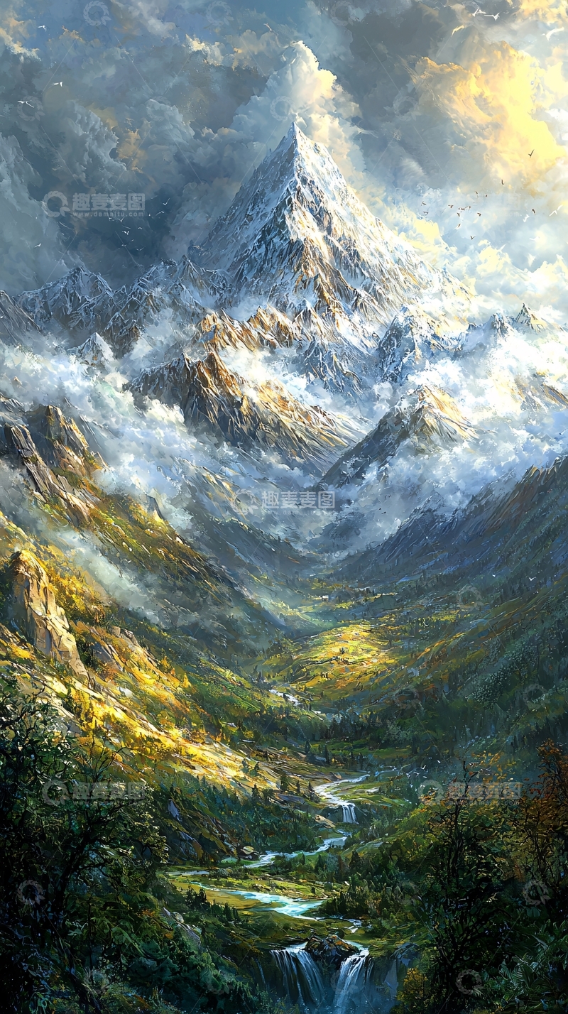 高清大图下载【趣麦麦图】雪山峡谷风景画