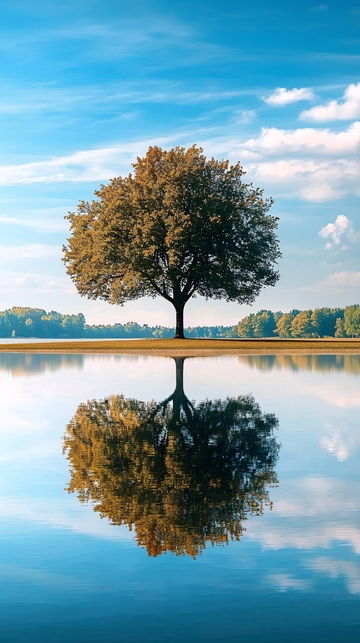 平静湖面上的孤树倒影