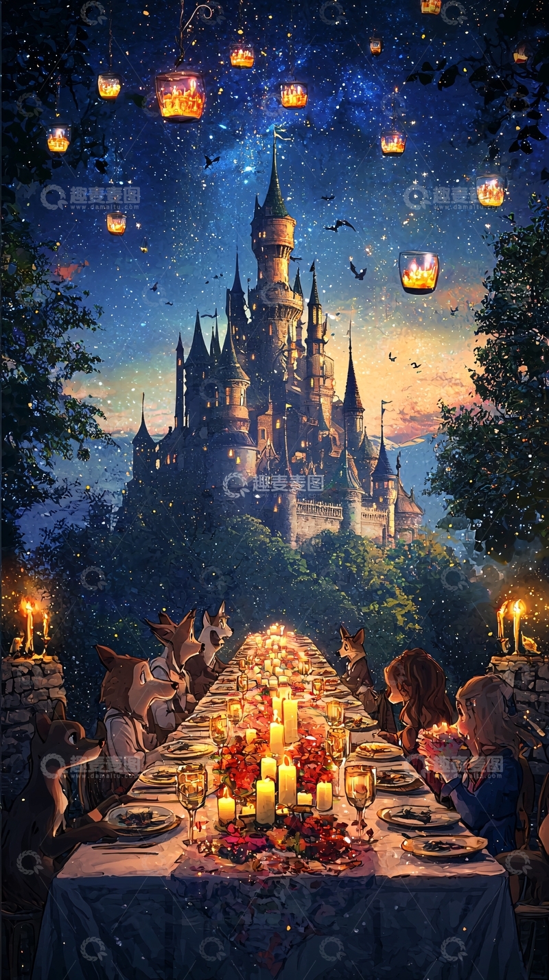 高清大图下载【趣麦麦图】梦幻城堡夜景烛光晚餐