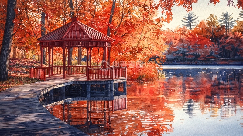 高清大图下载【趣麦麦图】秋日湖畔的红色凉亭