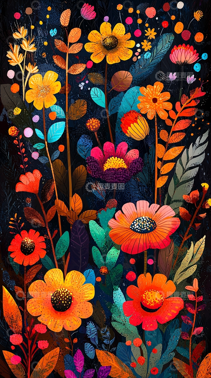 高清大图下载【趣麦麦图】多彩鲜艳的夜色花卉插画