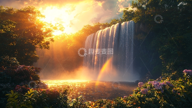 高清大图下载【趣麦麦图】日出瀑布彩虹