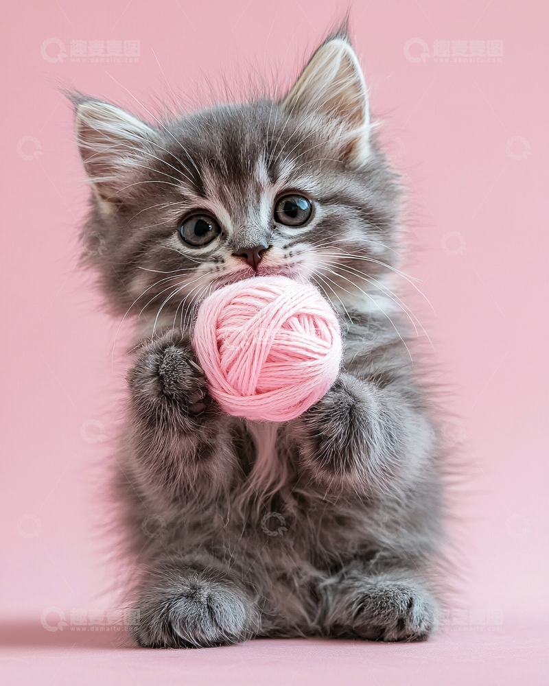 高清大图下载【趣麦麦图】可爱小猫抱着粉色毛线球