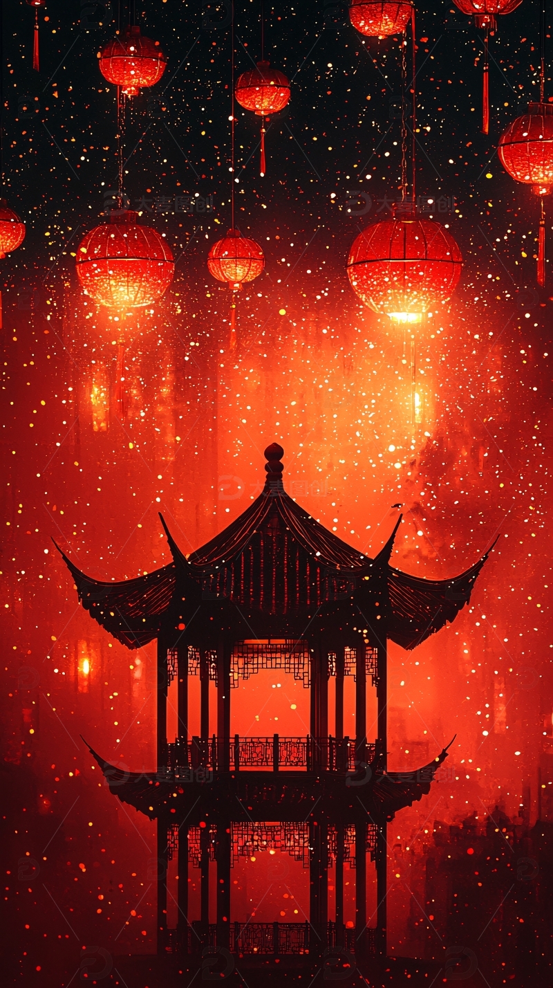 高清大图下载【趣麦麦图】红灯笼下的中国亭子