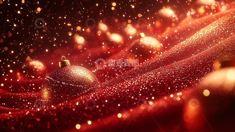 高清大图下载【趣麦麦图】红色丝绒布料上的金色圣诞球