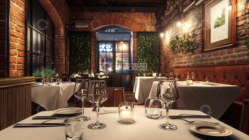 高清大图下载【趣麦麦图】红砖墙高档餐厅内景