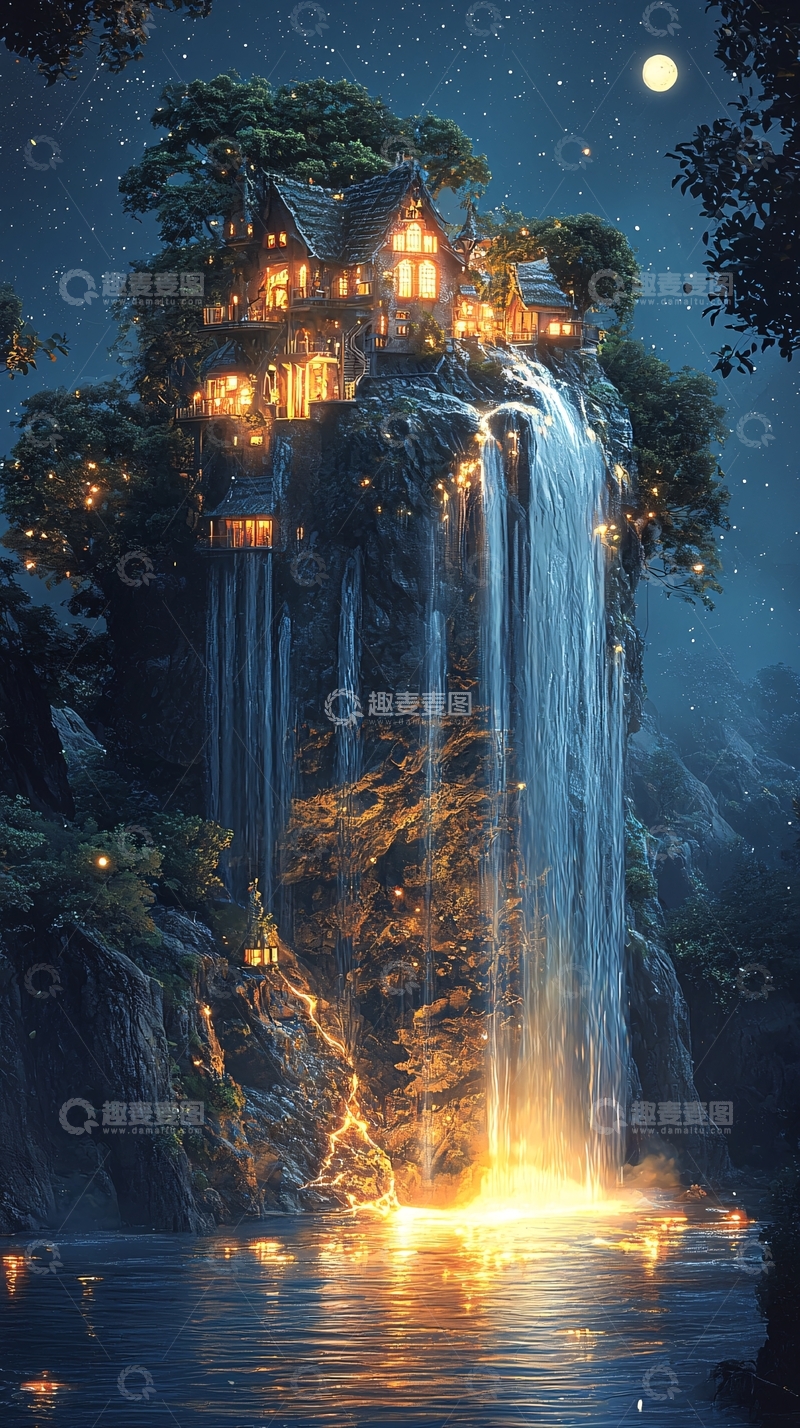 高清大图下载【趣麦麦图】瀑布上的梦幻小屋