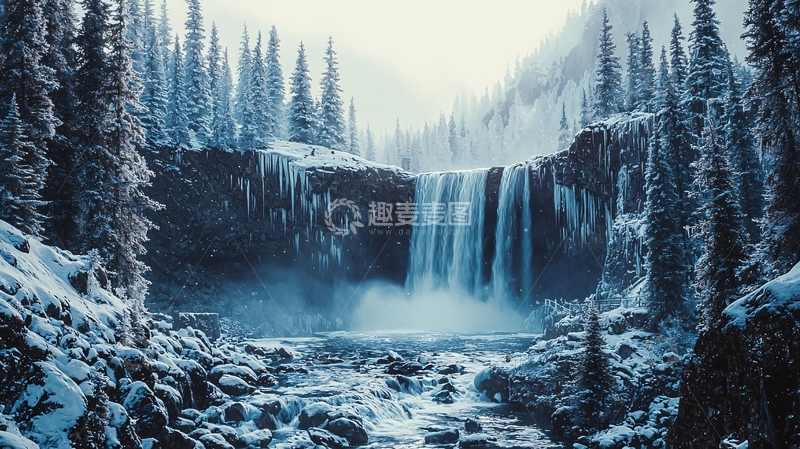高清大图下载【趣麦麦图】冰雪覆盖的瀑布景观