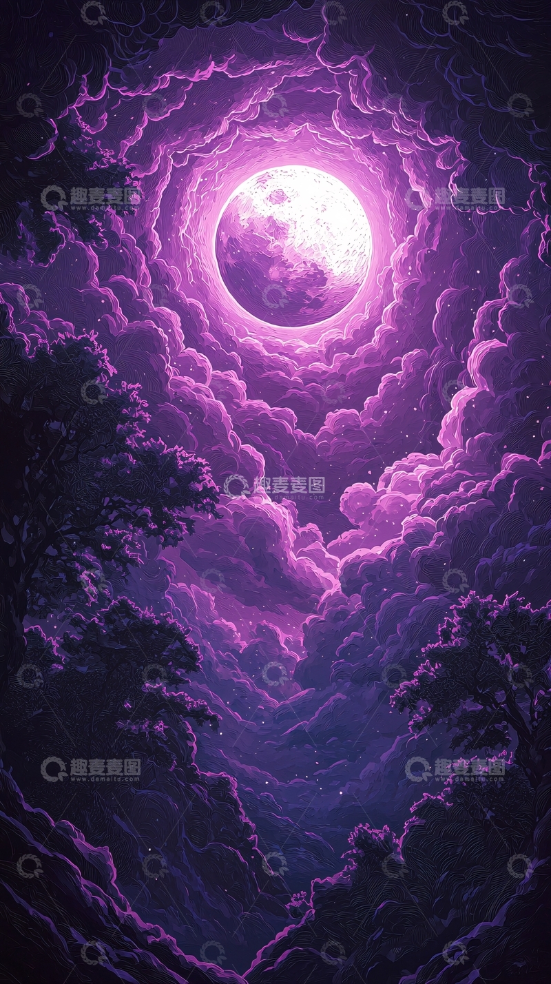 高清大图下载【趣麦麦图】紫色云层中的月亮