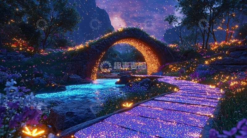 高清大图下载【趣麦麦图】梦幻夜晚古桥
