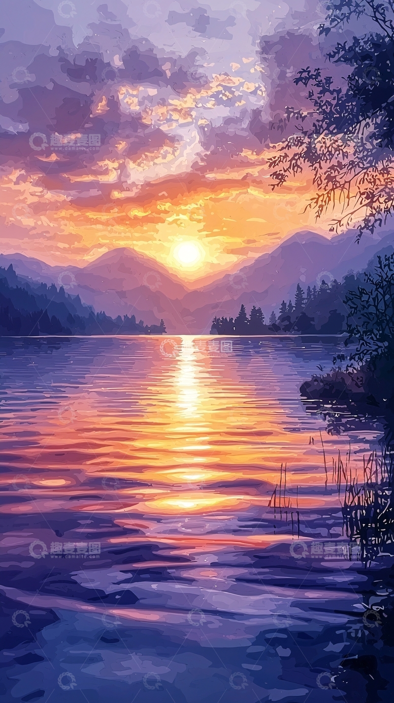 高清大图下载【趣麦麦图】唯美日落湖景图