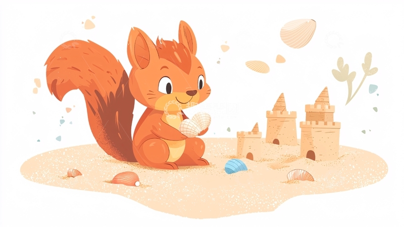 高清大图下载【趣麦麦图】可爱小松鼠沙滩玩耍