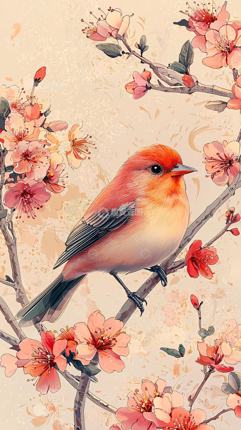 高清大图下载【趣麦麦图】小鸟栖息在桃花枝头