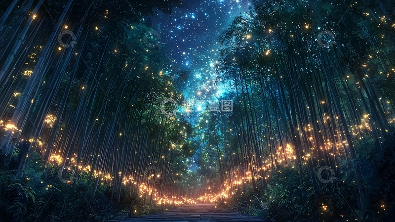 高清大图下载【趣麦麦图】萤火虫竹林夜景
